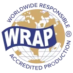 WRAP certification logo representing responsible and accredited garment production worldwide.